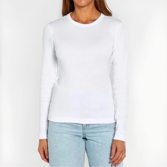Three Dots Women Sz L Solid White Long Sleeve Top Cotton Round Neck Pullover New - Picture 1 of 13